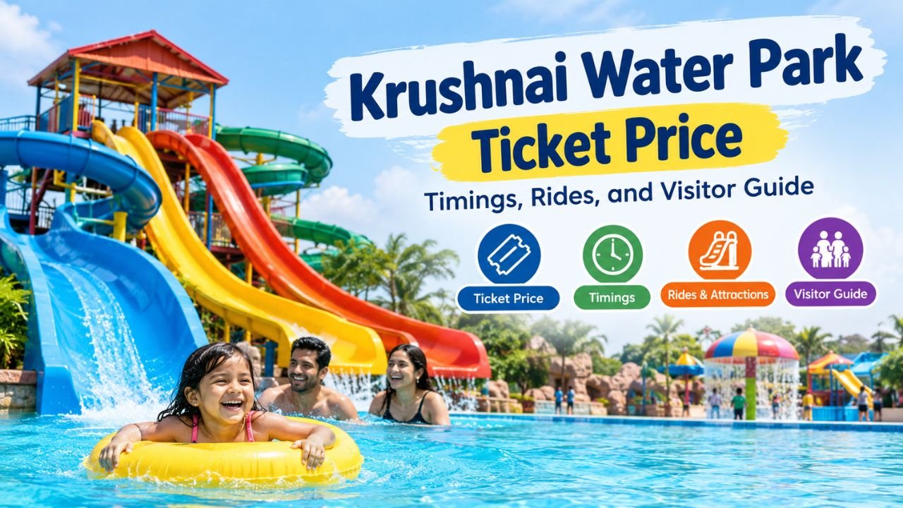 Krushnai Water Park ticket price 2026, featuring colorful water slides, swimming pools, and visitor information.